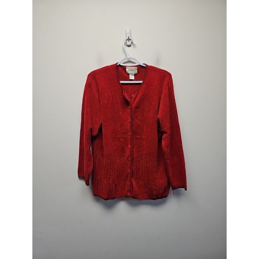 Vintage Jenny Cardigan‎ Sweater Size XL RED  Crochet Bottom Button Front